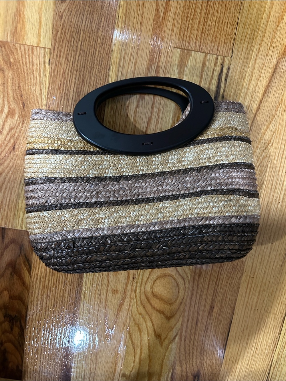 Madrid Striped Woven Clutch with Black Oval Handle - Neutral Tones